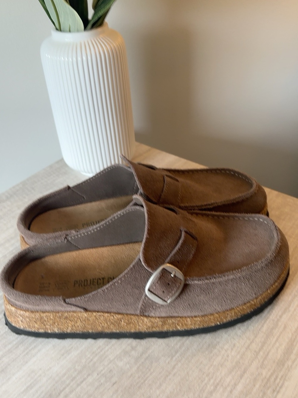 Project Cloud Women’s 11 Taupe Suede Clogs Cork Footbed Buckle Mules